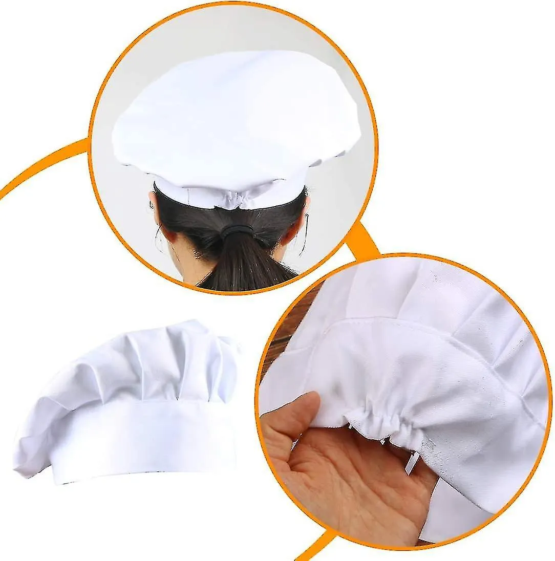 2pcs Chef Mushroom Cloth Hat Elastic Band Adjustable Size For Adults/kids (white)