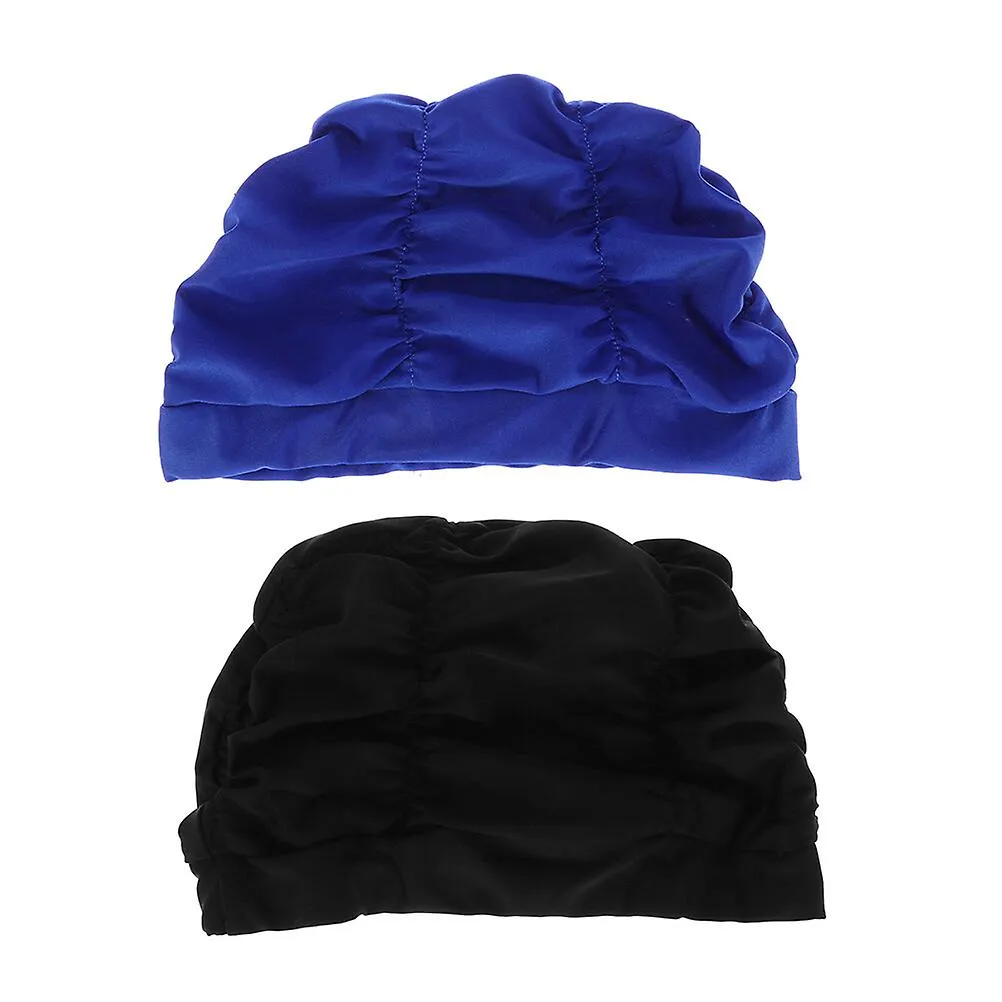 2pcs Women Swim Comfortable Pleated Swim Hat Swimming Ear Protector for Swimming (Blue + Black)