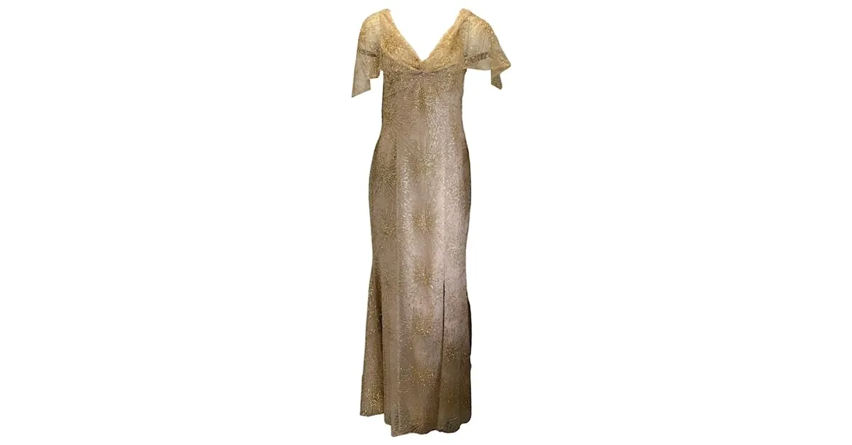 Autre Marque Marchesa Notte Oro Metalizado / Vestido beige con abertura delantera de tul de malla con adornos / vestido formal D