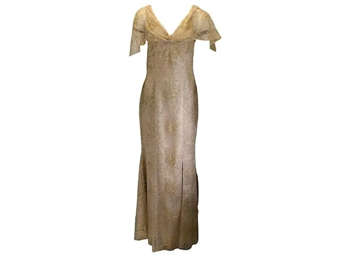 Autre Marque Marchesa Notte Oro Metalizado / Vestido beige con abertura delantera de tul de malla con adornos / vestido formal D