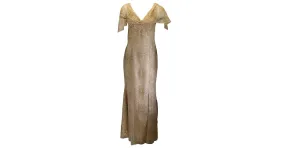 Autre Marque Marchesa Notte Oro Metalizado / Vestido beige con abertura delantera de tul de malla con adornos / vestido formal D