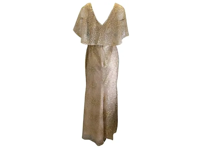 Autre Marque Marchesa Notte Oro Metalizado / Vestido beige con abertura delantera de tul de malla con adornos / vestido formal D