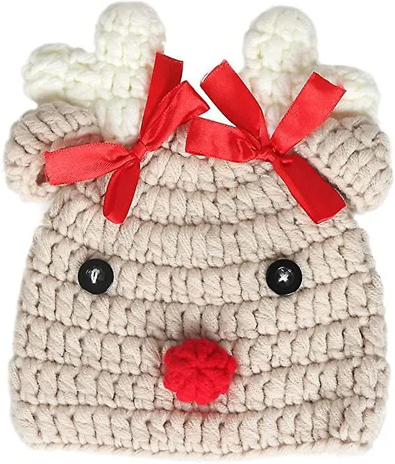 Baby Knitted Beanie Photo Props Crochet Hat Christmas Hat Deer Hat With Bow, 0-3 Months