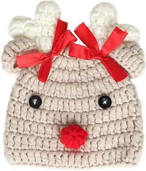 Baby Knitted Beanie Photo Props Crochet Hat Christmas Hat Deer Hat With Bow, 0-3 Months