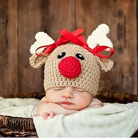 Baby Knitted Beanie Photo Props Crochet Hat Christmas Hat Deer Hat With Bow, 0-3 Months