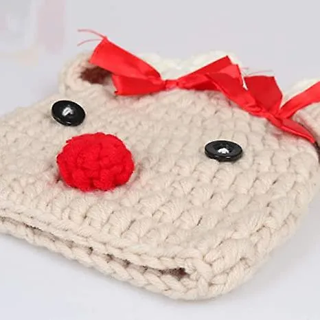 Baby Knitted Beanie Photo Props Crochet Hat Christmas Hat Deer Hat With Bow, 0-3 Months