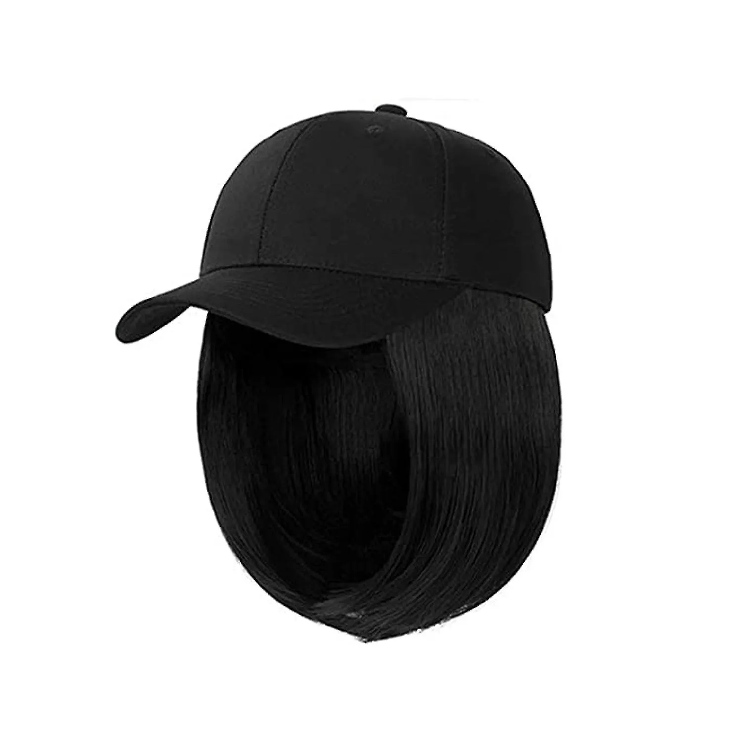 Black Baseball Cap With Hair Extensions Straight Short Bob Hairstyle Adjustable Removable Wig Hat 14inch For Woman Girl Dark