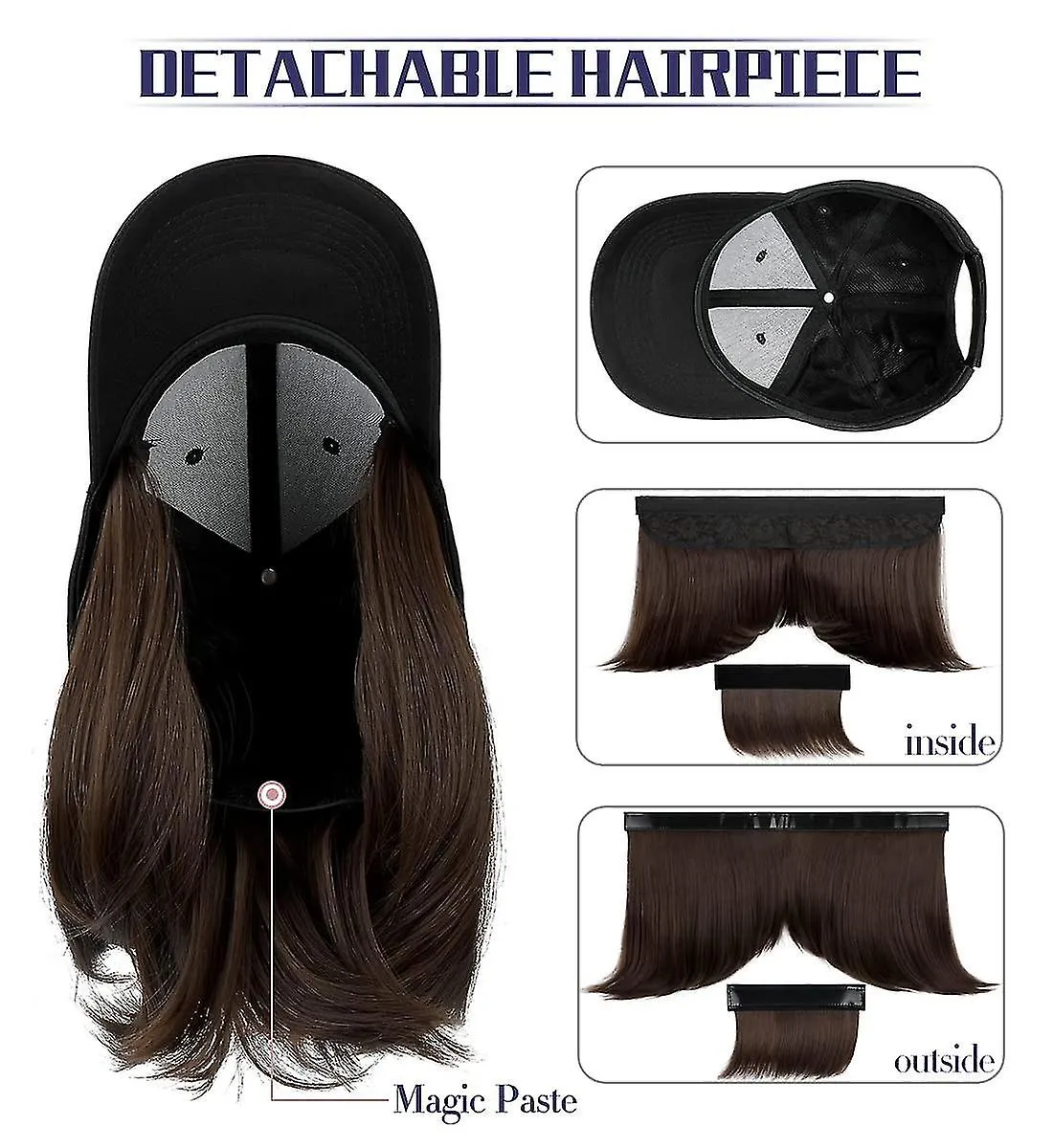 Black Baseball Cap With Hair Extensions Straight Short Bob Hairstyle Adjustable Removable Wig Hat 14inch For Woman Girl Dark