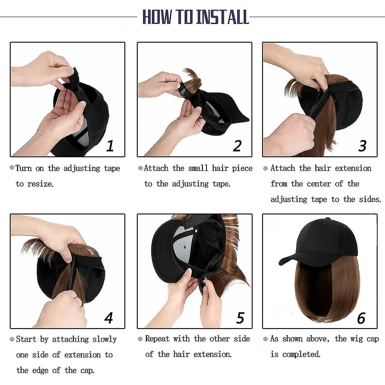 Black Baseball Cap With Hair Extensions Straight Short Bob Hairstyle Adjustable Removable Wig Hat 14inch For Woman Girl Dark