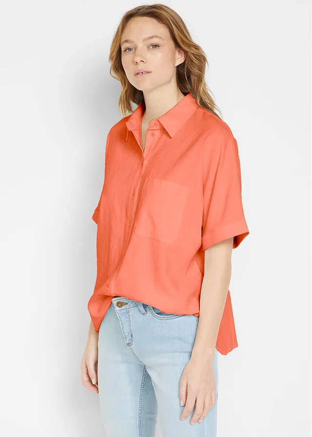 Blusa holgada de media manga con lino Naranja cobrizo