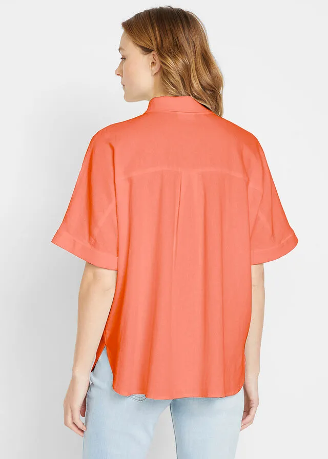 Blusa holgada de media manga con lino Naranja cobrizo