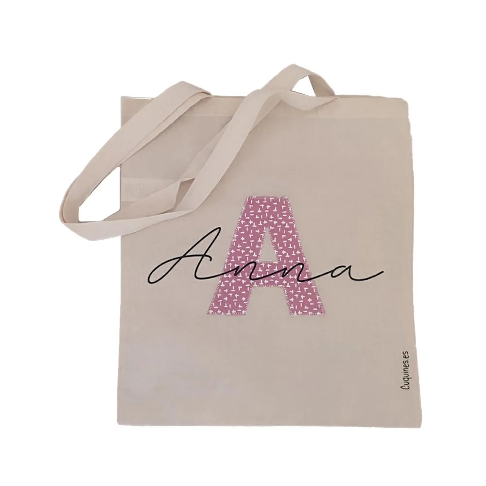 Bolsa tote bag con Inicial rosa y nombre personalizado