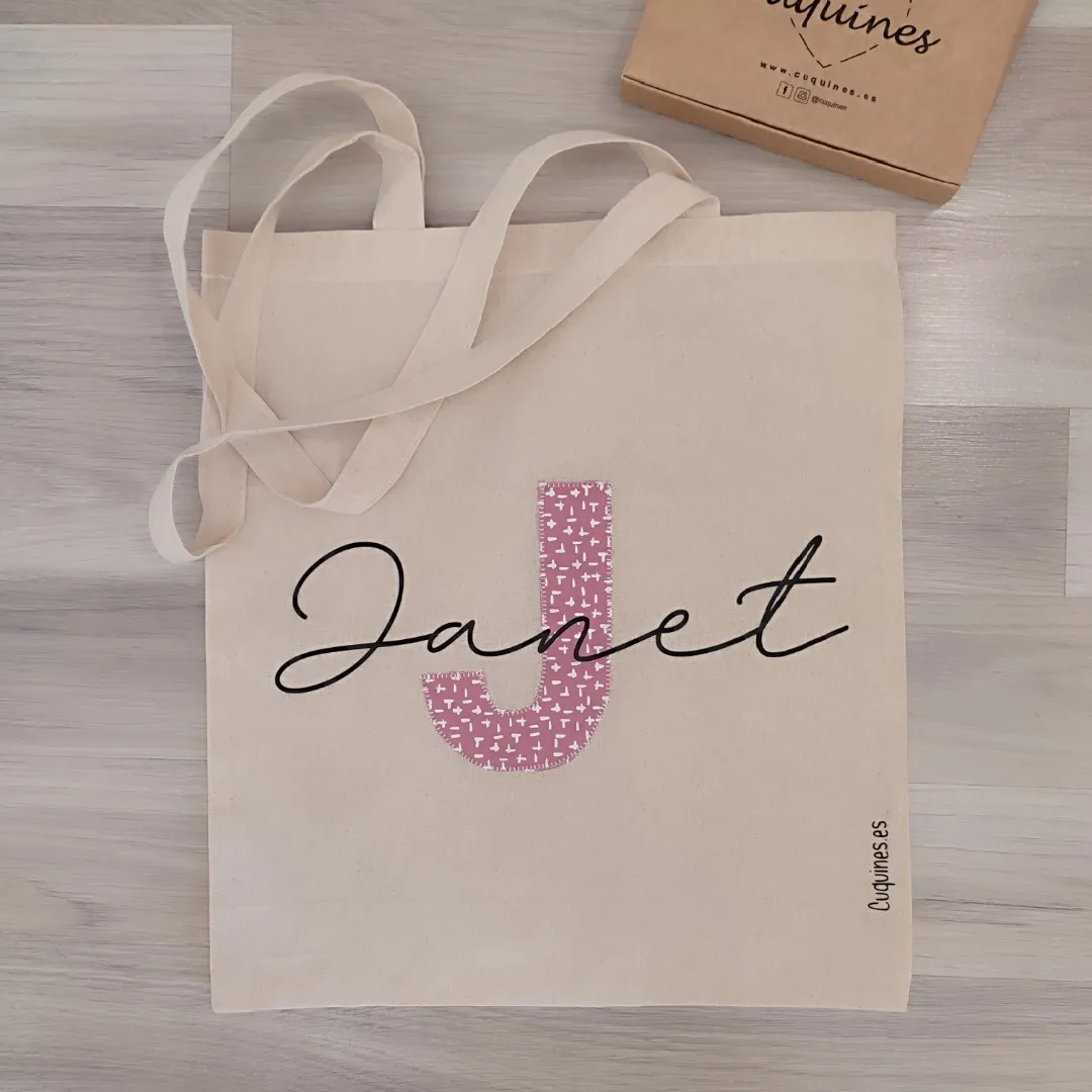 Bolsa tote bag con Inicial rosa y nombre personalizado