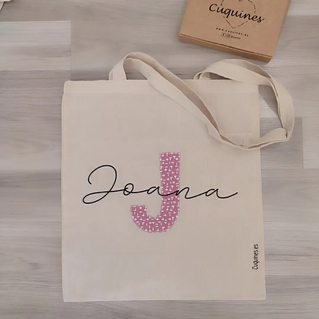 Bolsa tote bag con Inicial rosa y nombre personalizado