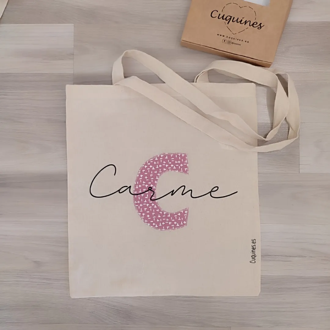 Bolsa tote bag con Inicial rosa y nombre personalizado