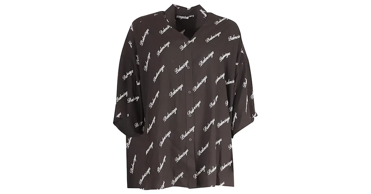 Camisa de seda negra con botones en la parte delantera y logo de Balenciaga 