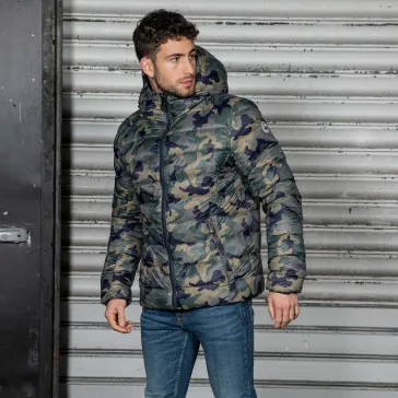 Chaqueta capucha Jott de plumas pato Hombre GRAN FRÍO 946 TANZANIE Justoverthetop REVERSIBLE camuflaje y azul marino