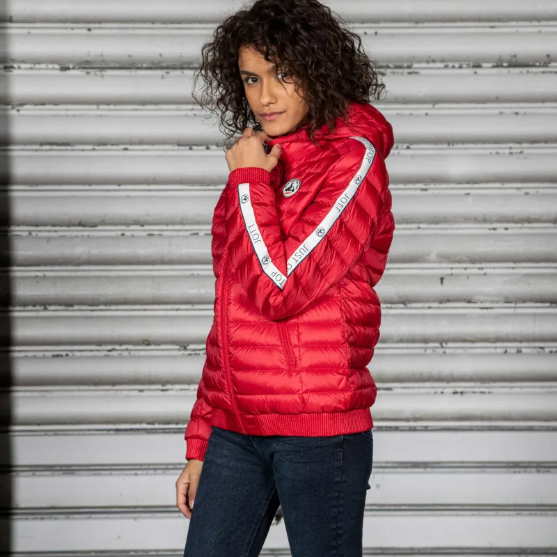 Chaqueta capucha Jott de plumas pato Mujer Red 300 CATHY BASIC franja logos mangas Justoverthetop Color rojo