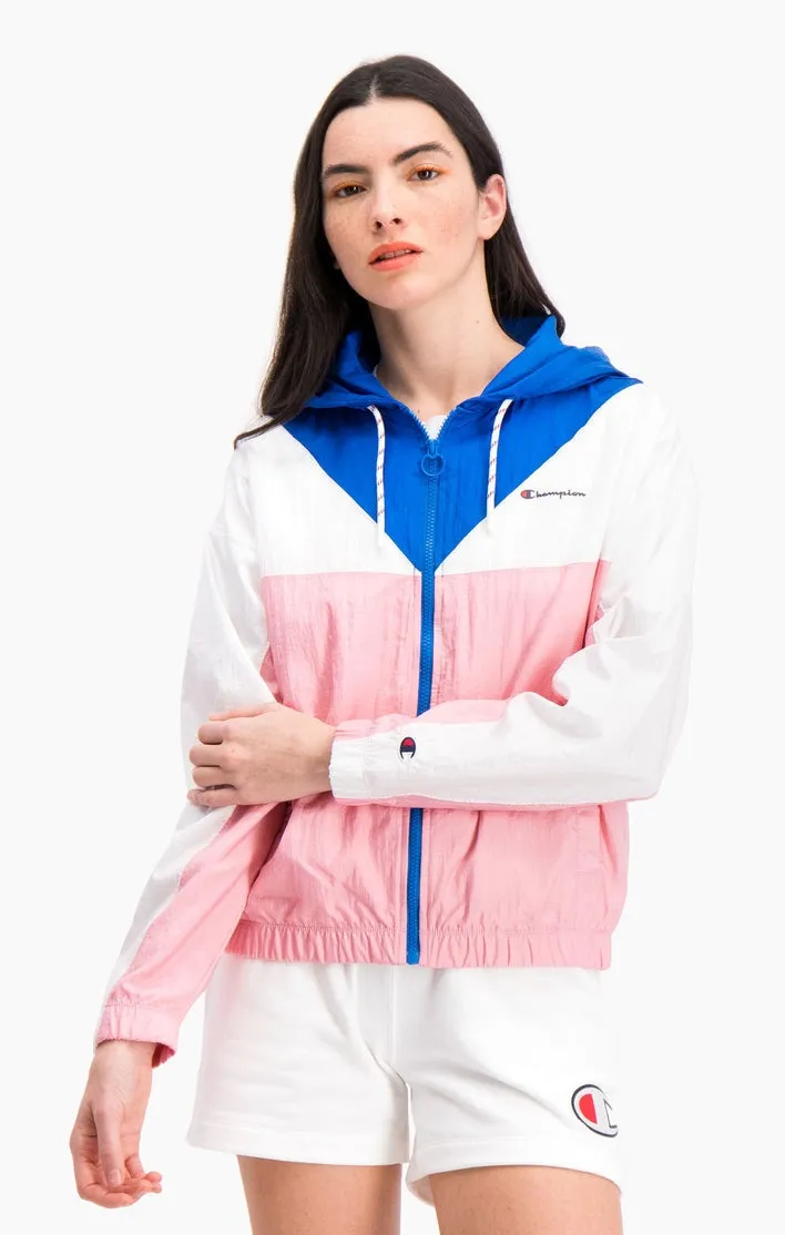 Chaqueta deportiva CHAMPION chica con cremallera COLOUR BLOCK HOODED TRACK JACKET Ref. 112771 Blanca, azules y rosa