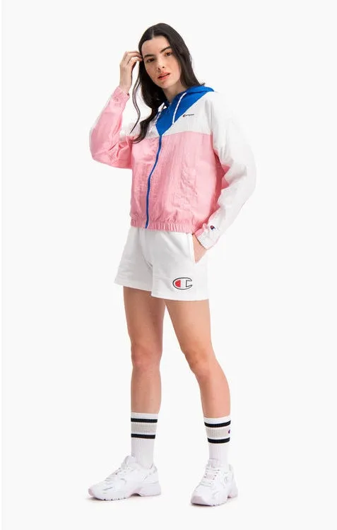 Chaqueta deportiva CHAMPION chica con cremallera COLOUR BLOCK HOODED TRACK JACKET Ref. 112771 Blanca, azules y rosa