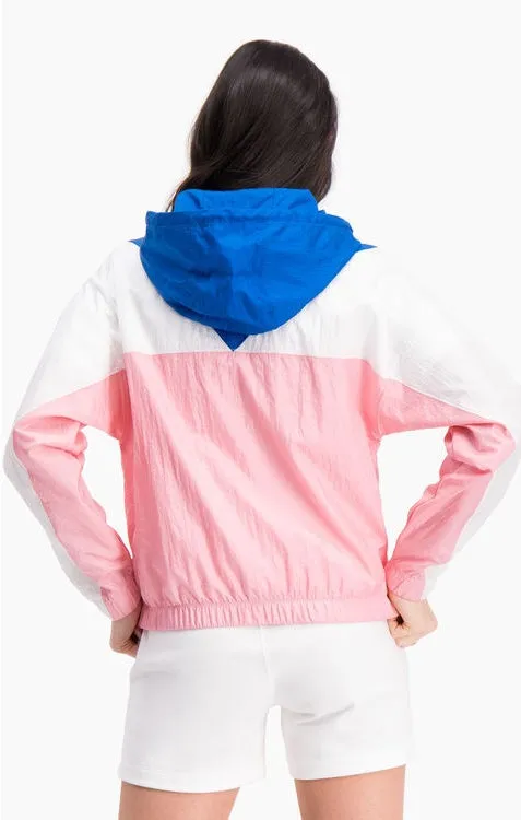 Chaqueta deportiva CHAMPION chica con cremallera COLOUR BLOCK HOODED TRACK JACKET Ref. 112771 Blanca, azules y rosa