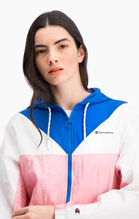 Chaqueta deportiva CHAMPION chica con cremallera COLOUR BLOCK HOODED TRACK JACKET Ref. 112771 Blanca, azules y rosa