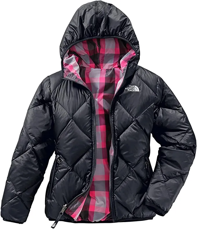 Chaqueta reversible THE NORTH FACE niña con capucha Doggy ref. T0A7ANJK3 negra por un lado y cuadros morados y rosas por el otro