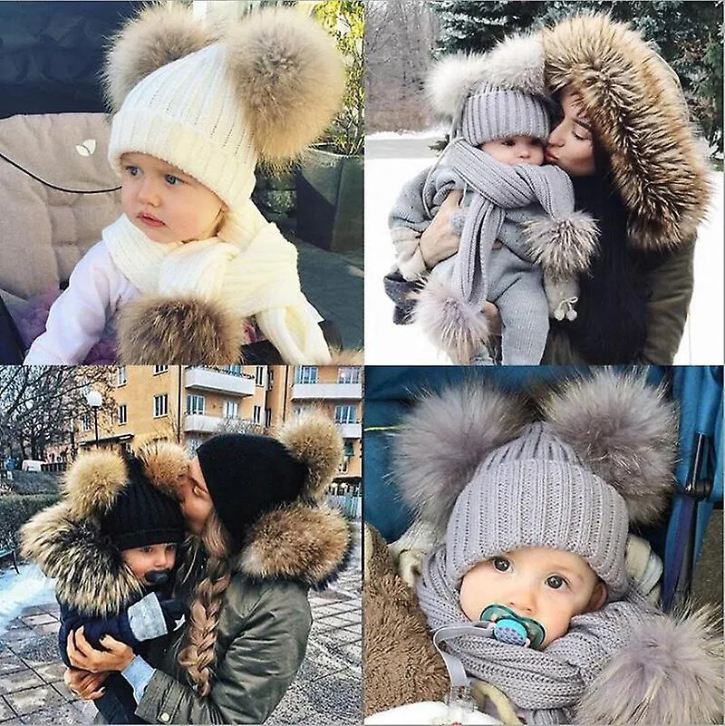 Fur Bobble Hat Double Pom Pom Beanie Women's Autumn And Winter Korean Fashion Knitted Hat Double Ball Cap Imitation Fox Fur 