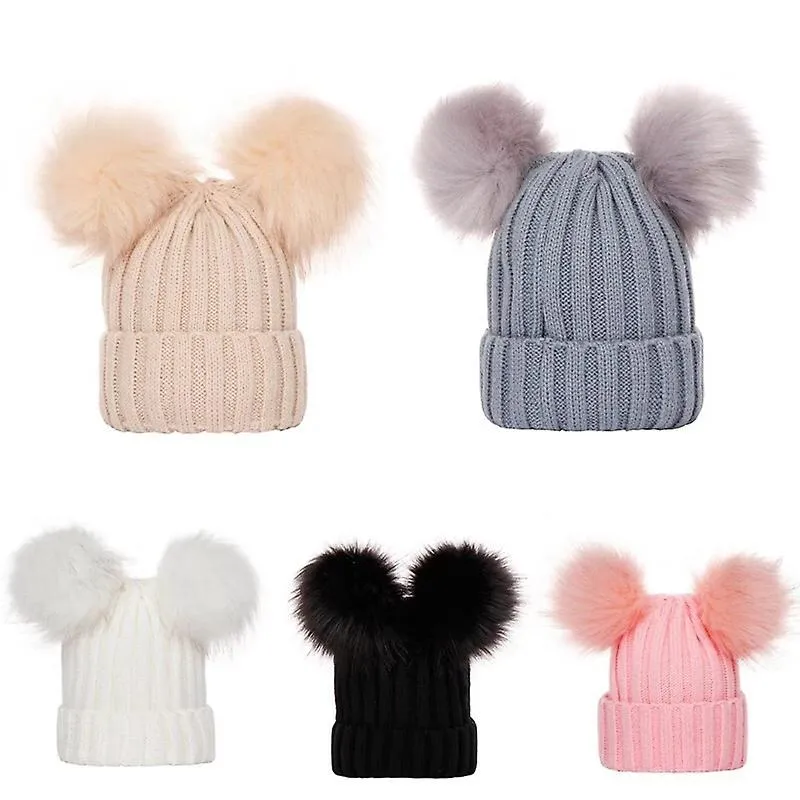 Fur Bobble Hat Double Pom Pom Beanie Women's Autumn And Winter Korean Fashion Knitted Hat Double Ball Cap Imitation Fox Fur 