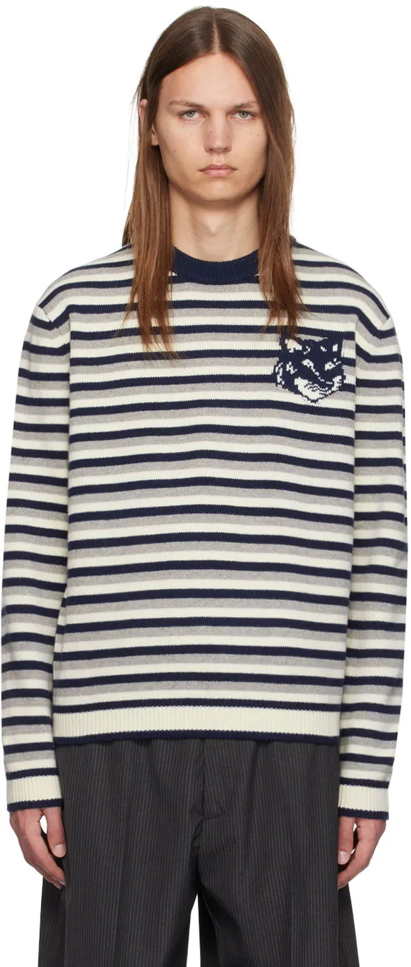 MAISON KITSUNÉ Striped Fox Head Intarsia Sweater