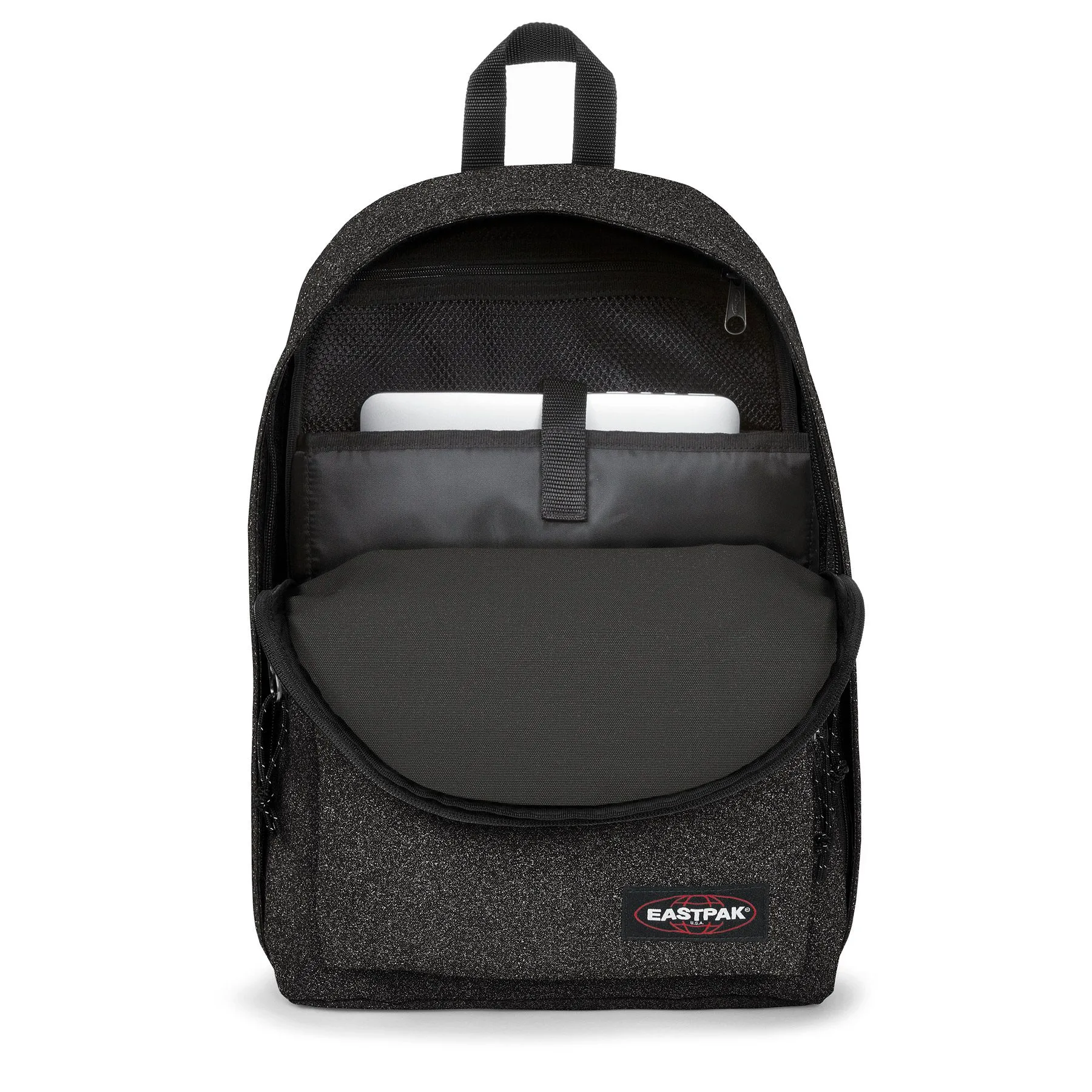 MOCHILA EASTPAK Out Of Office 27 litros con bolsillo ordenador EK767N98 Spark Black brillo oscuro negra purpurina