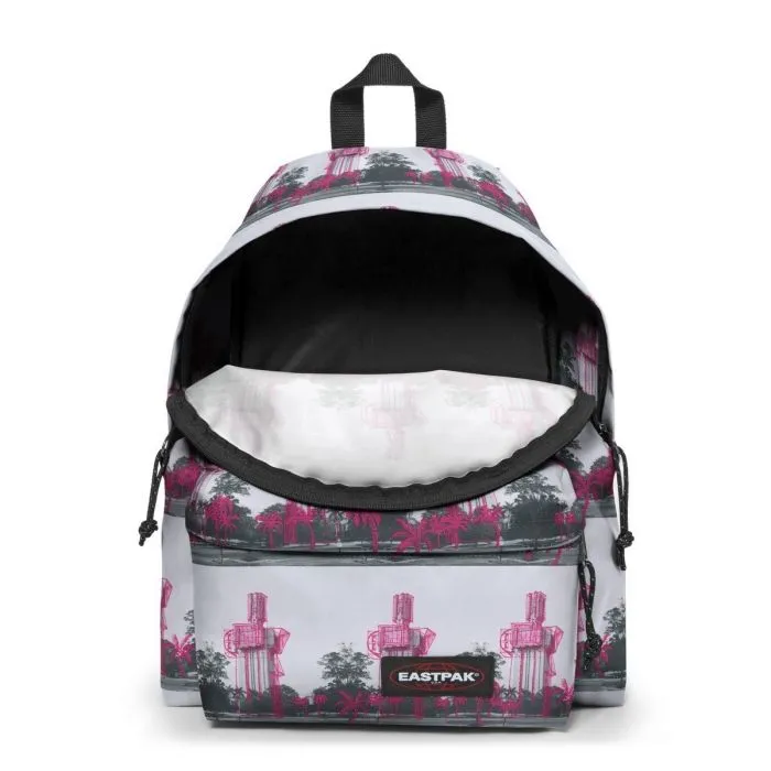 MOCHILA EASTPAK Padded Pak’r® 24 litros EK62065T Urban Pink blanca con edificios y flores rosas y grises