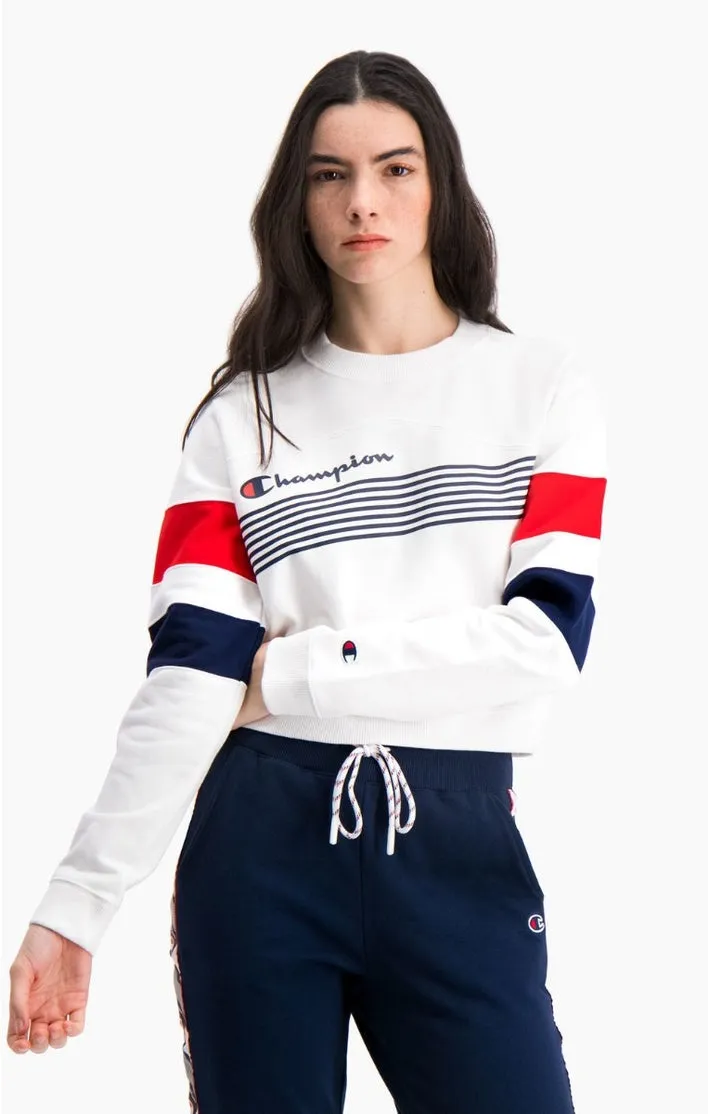 Sudadera CHAMPION chica cuello redondo GRAPHIC STRIPE AND COLOUR BLOCK CROPPED SWEATSHIRT Ref. 112761 Blanca, azules y roja