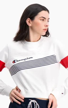 Sudadera CHAMPION chica cuello redondo GRAPHIC STRIPE AND COLOUR BLOCK CROPPED SWEATSHIRT Ref. 112761 Blanca, azules y roja