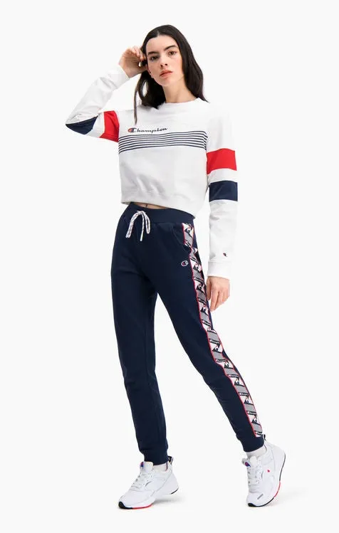 Sudadera CHAMPION chica cuello redondo GRAPHIC STRIPE AND COLOUR BLOCK CROPPED SWEATSHIRT Ref. 112761 Blanca, azules y roja