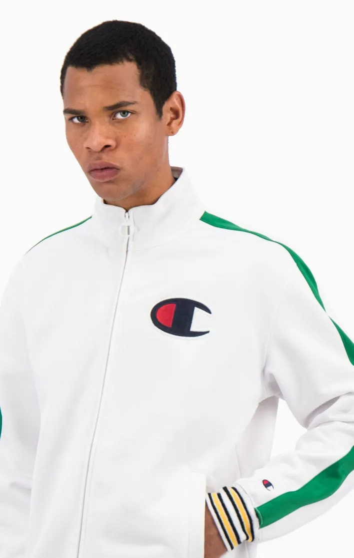 Sudadera CHAMPION Hombre baloncesto ZIP-UP STRIPE SLEEVE BASKETBALL SWEATSHIRT Ref. 214835 blanca detalles verdes