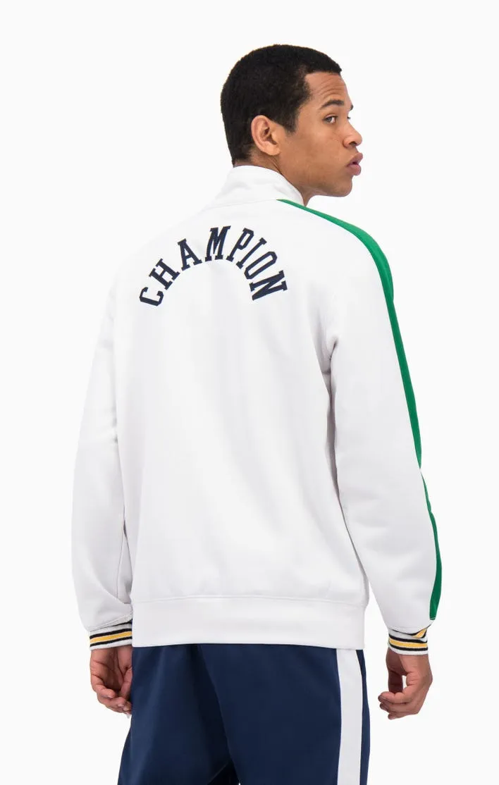 Sudadera CHAMPION Hombre baloncesto ZIP-UP STRIPE SLEEVE BASKETBALL SWEATSHIRT Ref. 214835 blanca detalles verdes