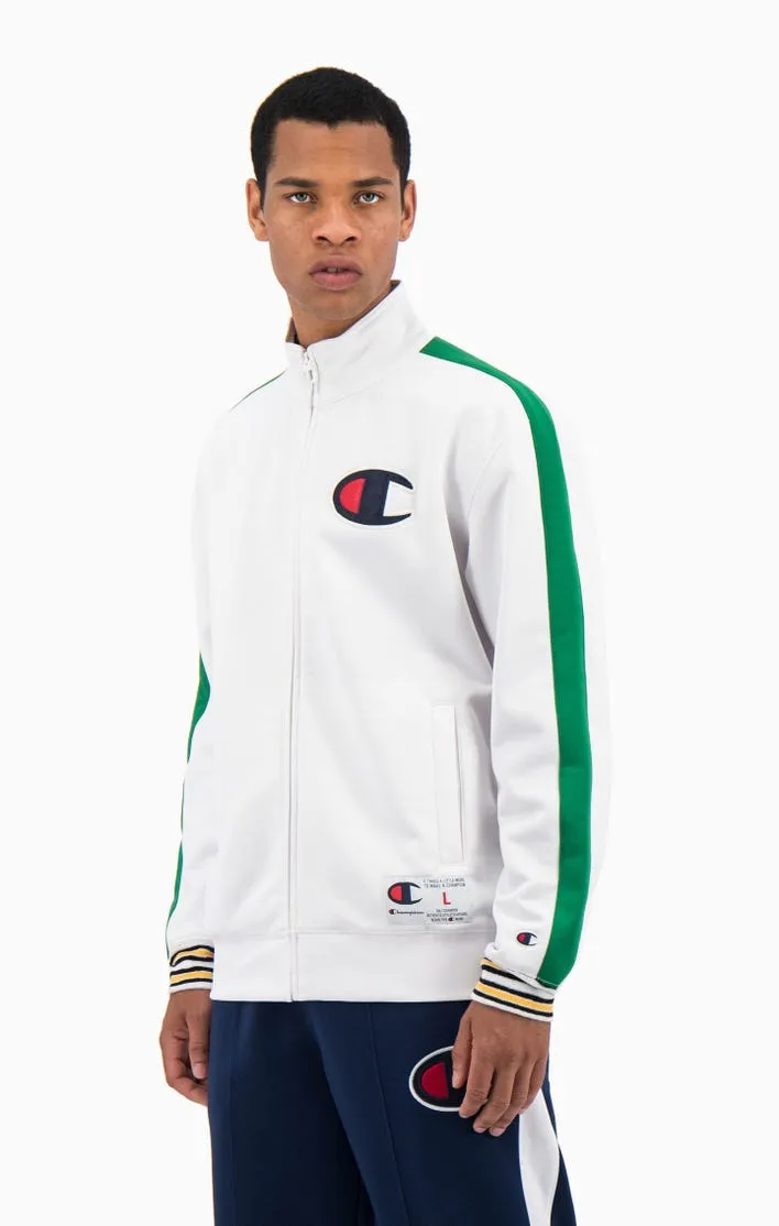 Sudadera CHAMPION Hombre baloncesto ZIP-UP STRIPE SLEEVE BASKETBALL SWEATSHIRT Ref. 214835 blanca detalles verdes