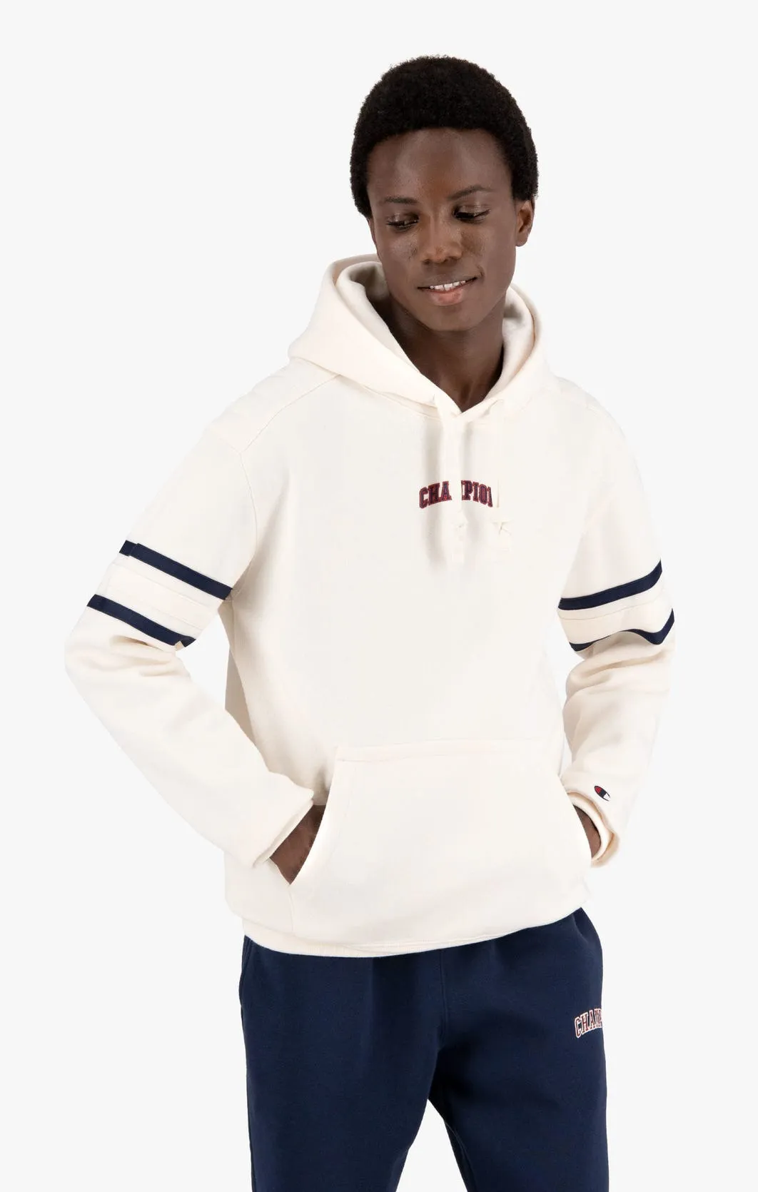 Sudadera CHAMPION Hombre con capucha VARSITY SCRIPT LOGO ORGANIC COTTON HOODIE Ref. 216577 blanca