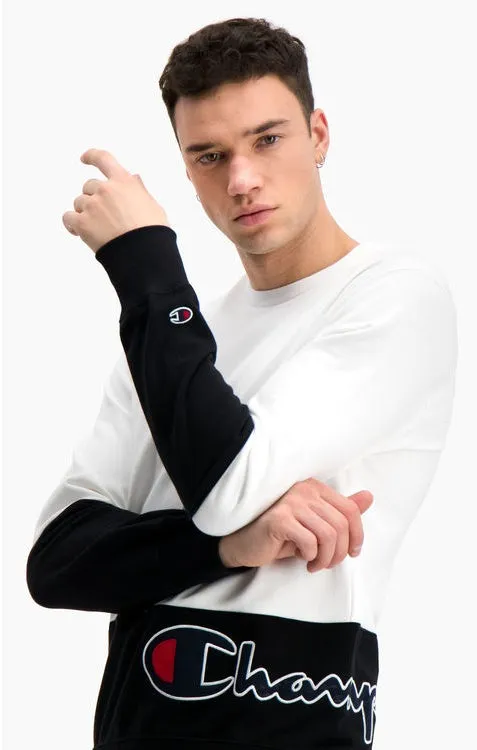 Sudadera CHAMPION Hombre cuello redondo COLOUR BLOCK LOGO WRAPAROUND LOGO SWEATSHIRT Ref. 214206 blanca y marino