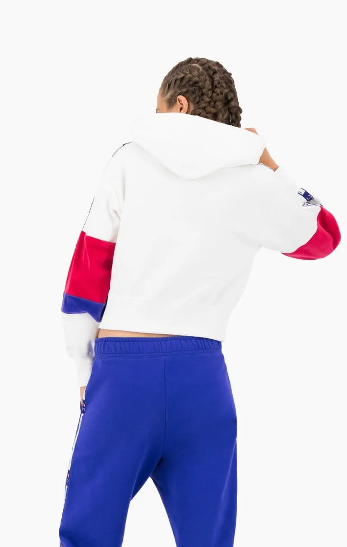 Sudadera corta CHAMPION chica COLOUR BLOCK JACQUARD LOGO TAPE FLEECE HOODIE Ref. 113338 blanca, azul  y roja