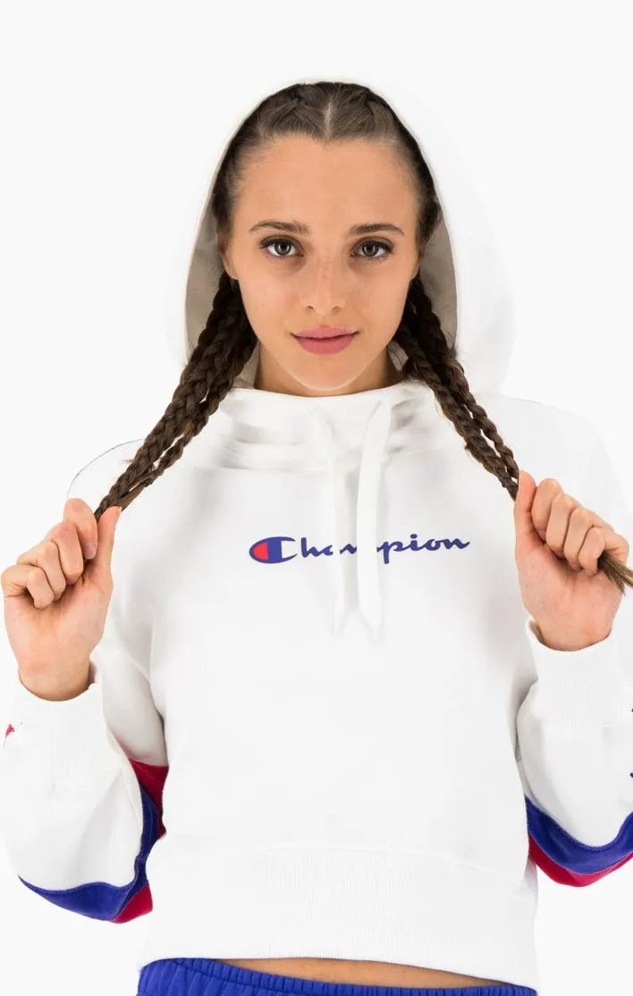 Sudadera corta CHAMPION chica COLOUR BLOCK JACQUARD LOGO TAPE FLEECE HOODIE Ref. 113338 blanca, azul  y roja