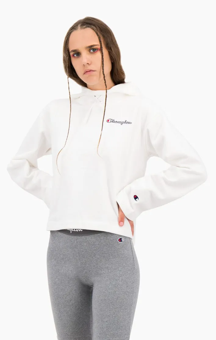 Sudadera corta CHAMPION chica SATIN STITCH SCRIPT LOGO CROPPED FLEECE HOODIE Ref. 113186 blanca