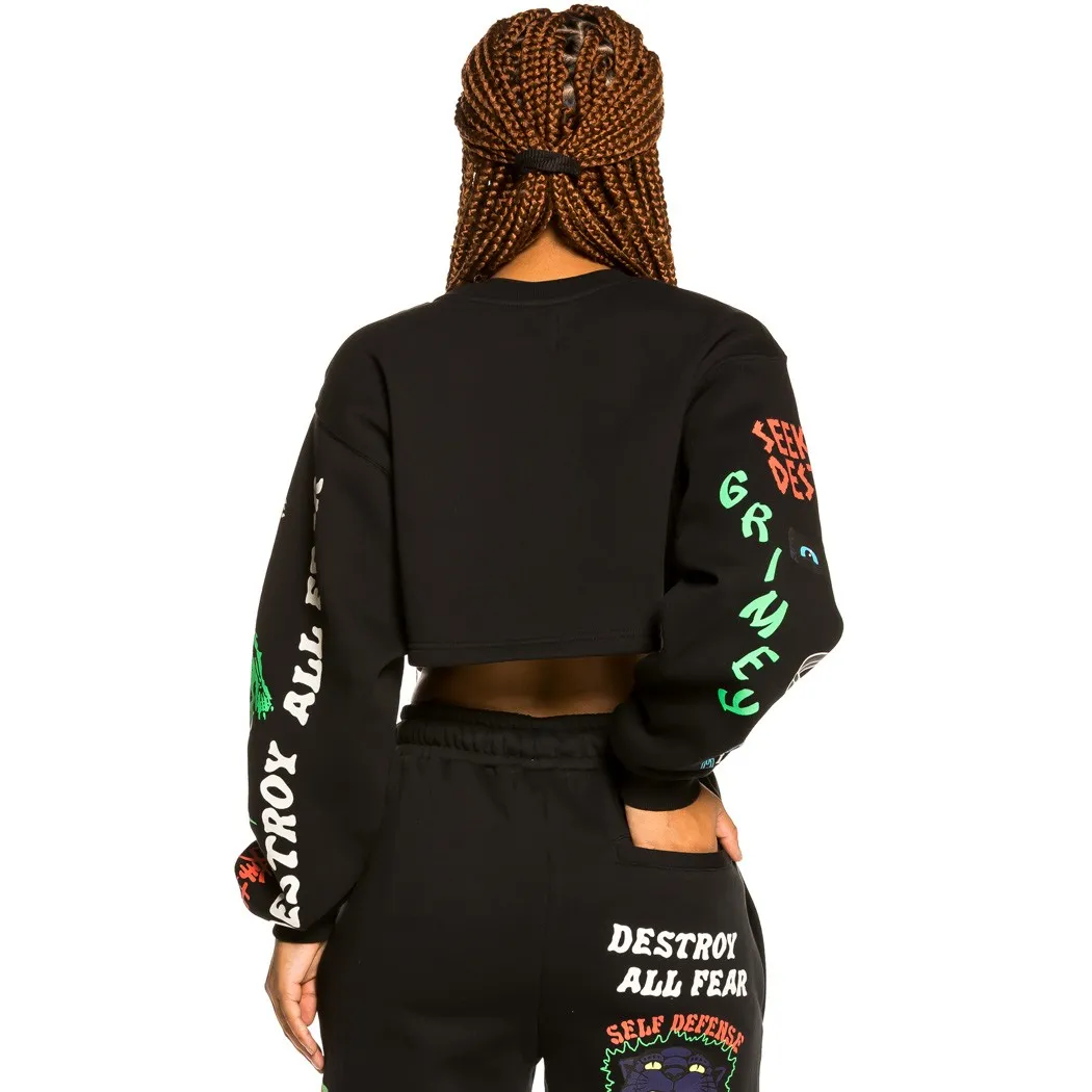 Sudadera corta Crop-Top GRIMEY cuello redondo chica  “Destroy All Fear” – Black | Fall 21 Ref. GGCSW347-BLK ne