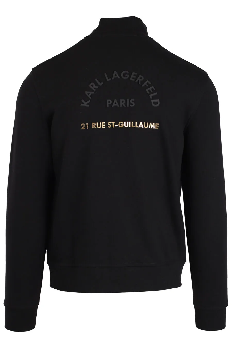 Sudadera negra de cremallera y logo dorado pequeño