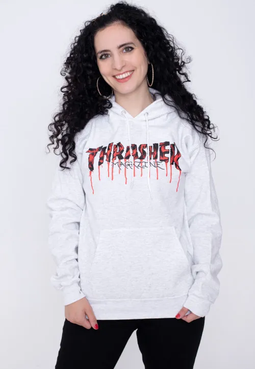 Sudadera THRASHER Hombre con capucha BLOOD DRIP MAGAZINE Hoodie GRAY Ref. 145098L logo letras gris claro SANGRIENTAS