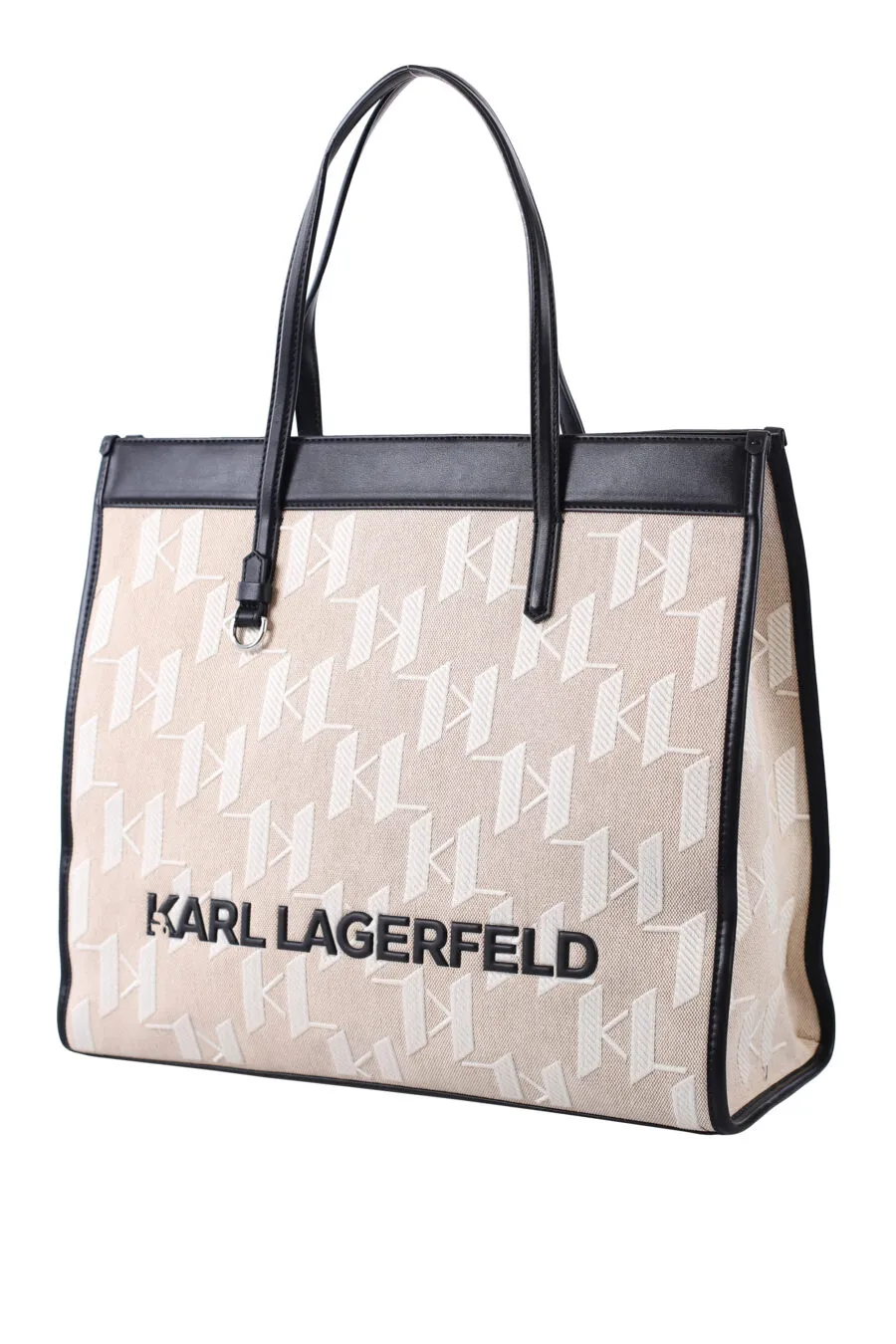 Tote bag begie con con monograma blanco y detalles negros