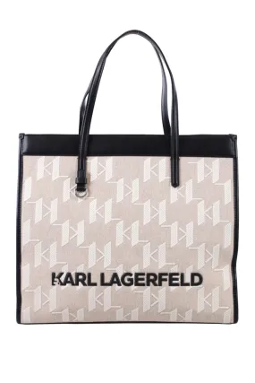 Tote bag begie con con monograma blanco y detalles negros