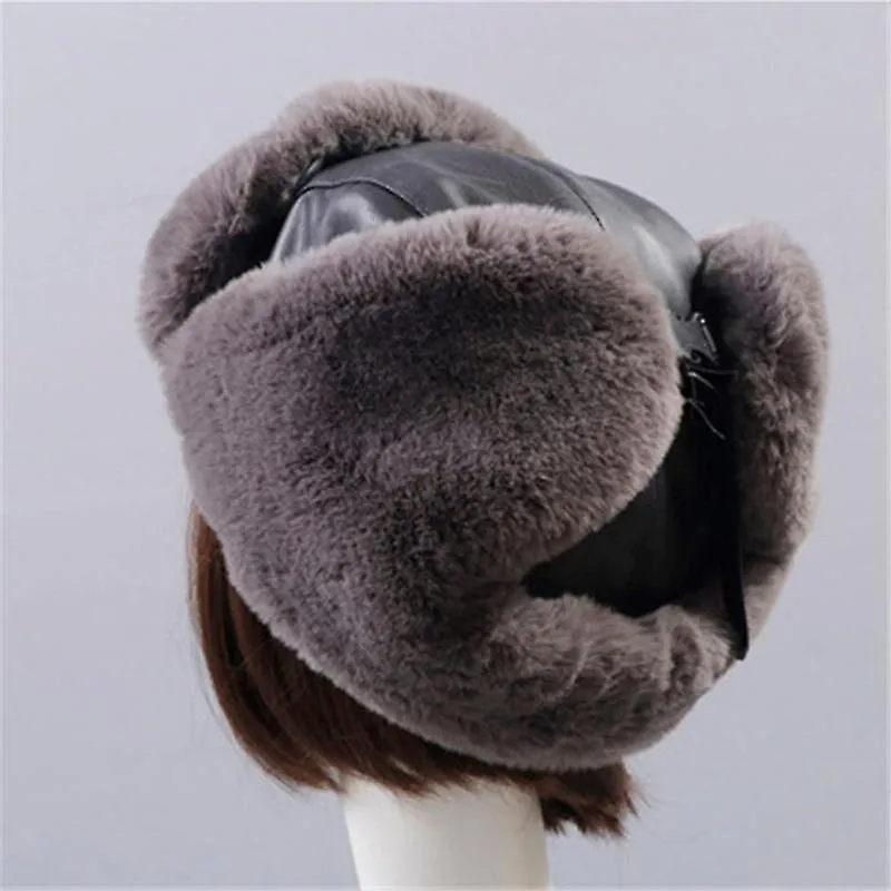 Trapper Warm Russian Trooper Hat Winter Skiing Cap Women Men Windproof Pu Leather