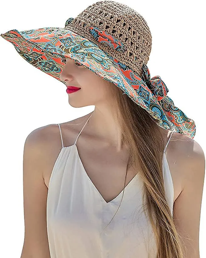 Women Crochet Sun Hat Wide Brim Boho Beach Visor Hats Summer Trendy Beach Cap Foldable & UV Protection